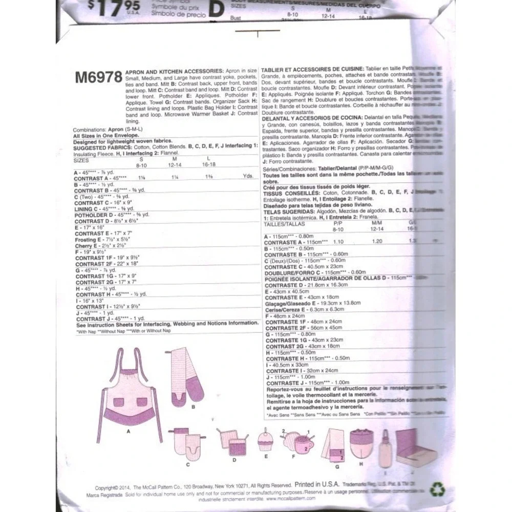 McCalls M6978 Kitchen Apron Oven Mitt Potholder Sewing Pattern OSZ S-M-L Uncut